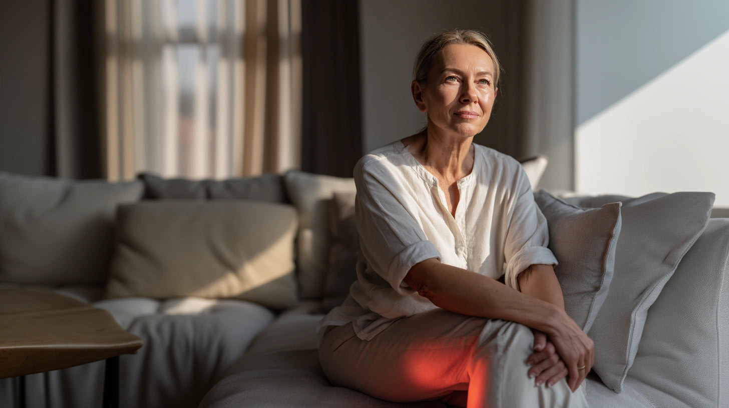 Frau bei entspannter Anwendung von Infrarotlicht am Knie – Startseitenmotiv von InfraBalance für gezielte Schmerzlinderung bei Gelenkbeschwerden