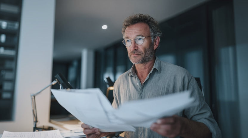 Video laden: Mann mit Brille betrachtet Fachdokumente – Symbolbild für geprüftes, verständliches Wissen zu bioaktivem Infrarotlicht bei InfraBalance