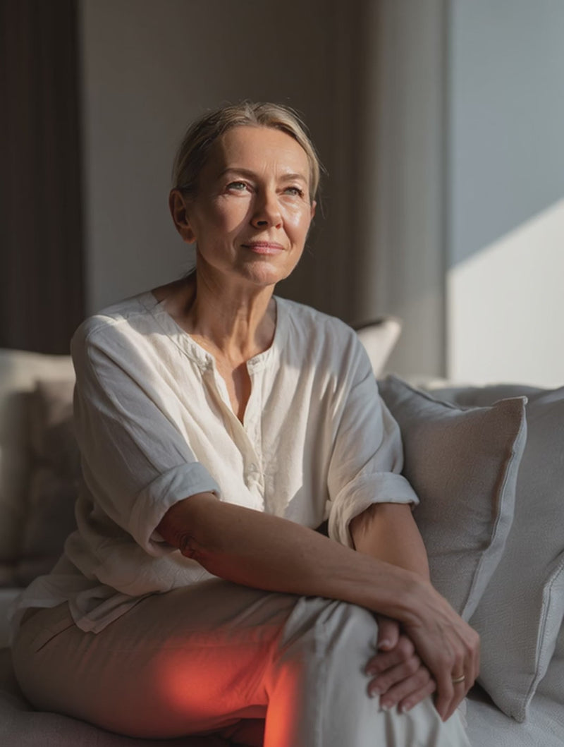Frau bei entspannter Anwendung von Infrarotlicht am Knie – Startseitenmotiv von InfraBalance für gezielte Schmerzlinderung bei Gelenkbeschwerden