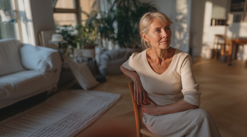 Video laden: Frau sitzt entspannt im Wohnzimmer – Motiv für den Einsatz von bioaktivem Infrarotlicht bei Arthrosebeschwerden
