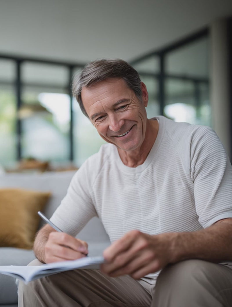 Laechelnder Mann im Alltag mit Checkliste in der Hand, Symbolbild für neue Wege bei chronischen Schmerzen und gezielte bioaktive Infrarotlicht-Anwendungen mit InfraBalance