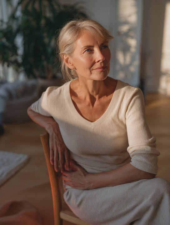 Frau sitzt entspannt im Wohnzimmer – Motiv für den Einsatz von bioaktivem Infrarotlicht bei Arthrosebeschwerden